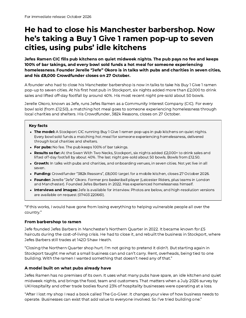 Page 1 of the Jefes Ramen business press release: from closing a Manchester barbershop to Buy 1 Give 1 ramen in pubs’ idle kitchens