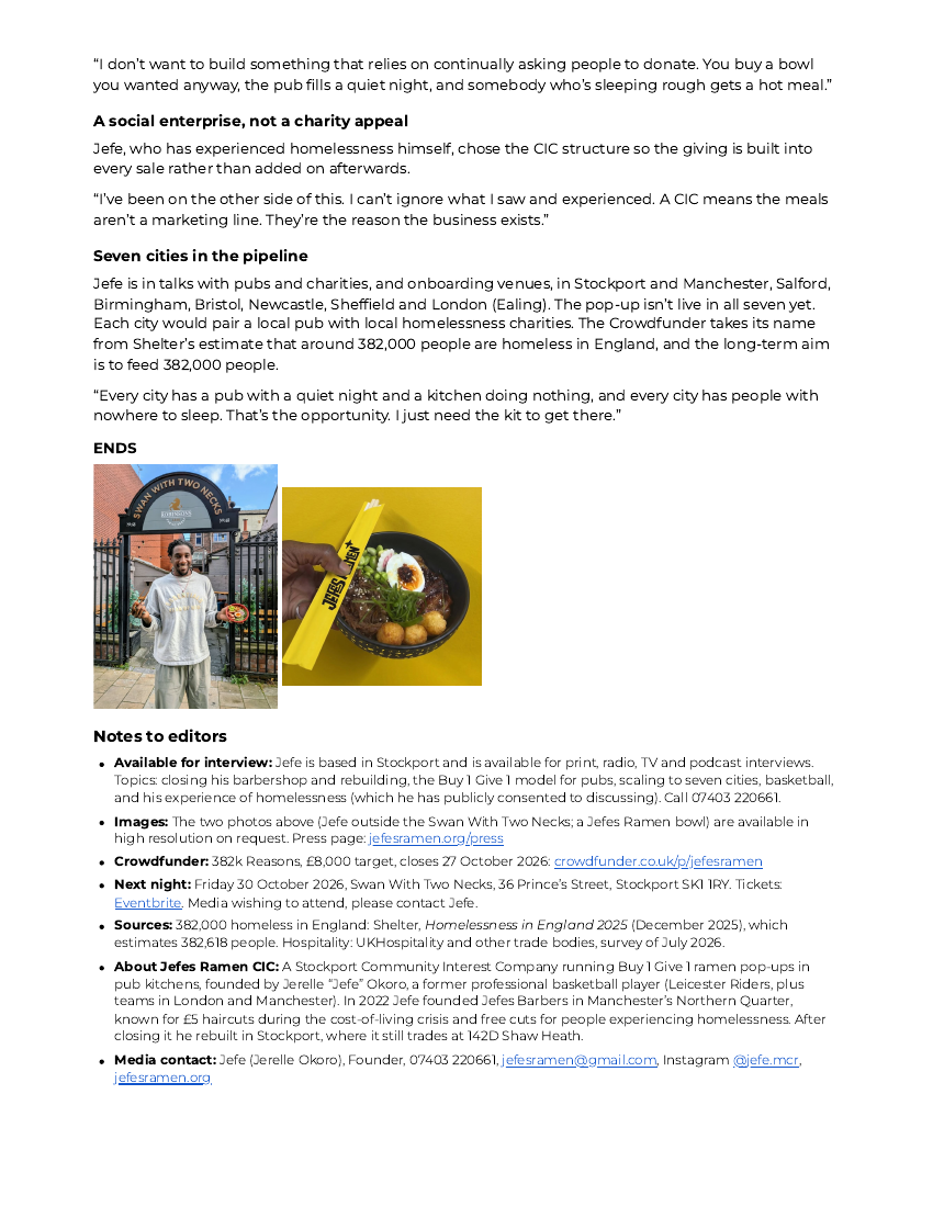 Page 2 of the Jefes Ramen business press release: notes to editors and media contact