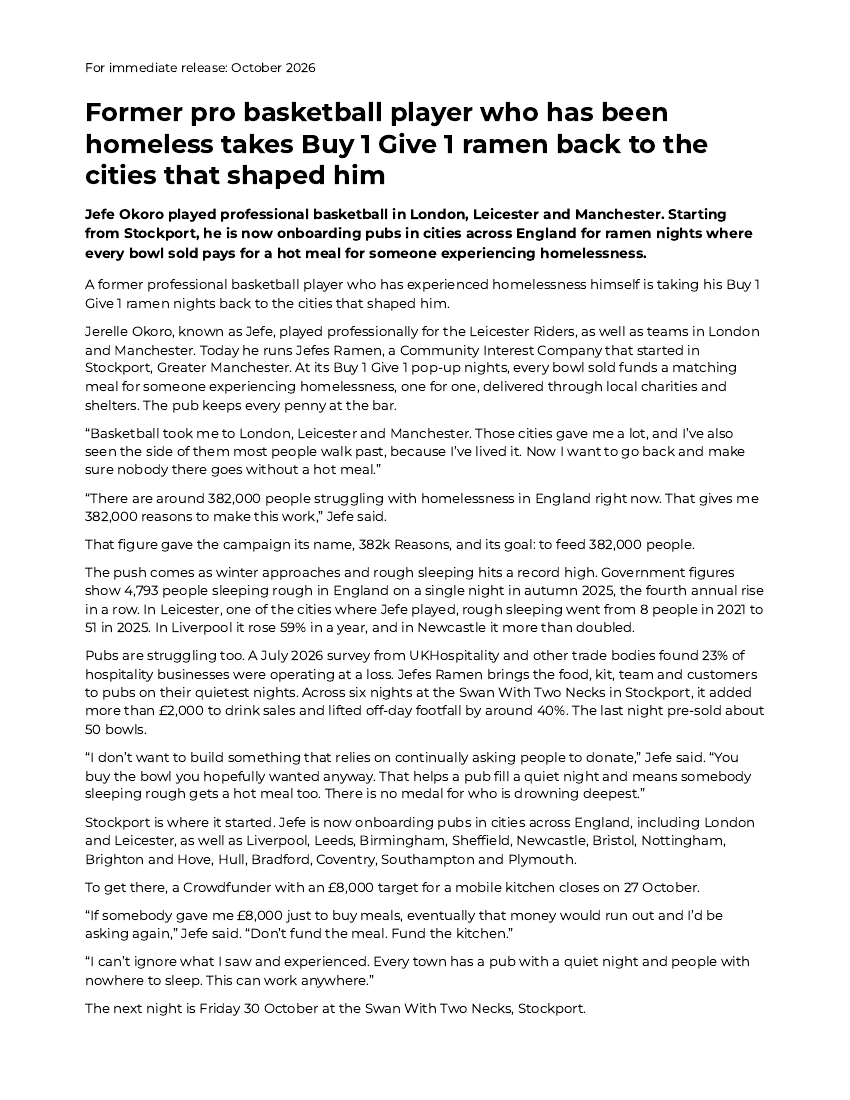 Page 1 of the Jefes Ramen press release: former pro basketball player takes Buy 1 Give 1 ramen back to the cities that shaped him
