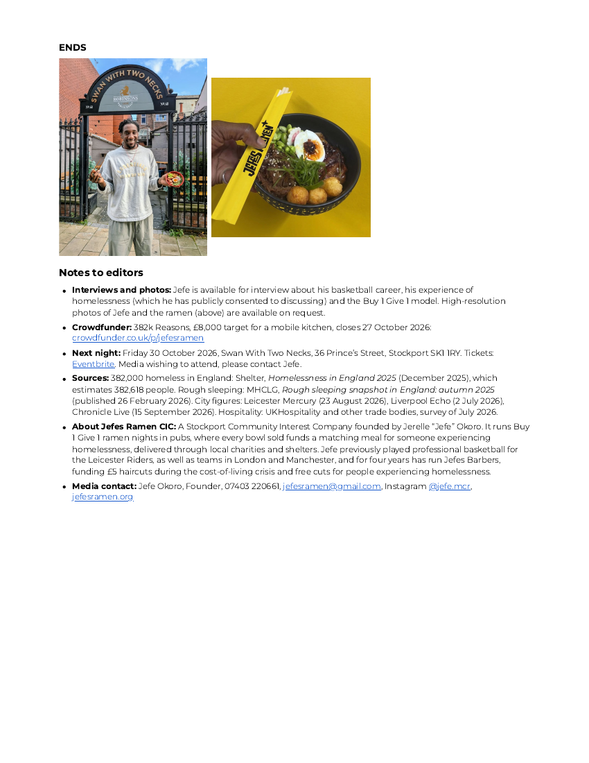 Page 2 of the Jefes Ramen press release: notes to editors, sources and media contact